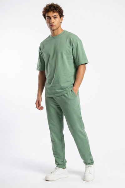 Runades Men's Green Short Sleeve Oversize Combed Cotton Tracksuit Set