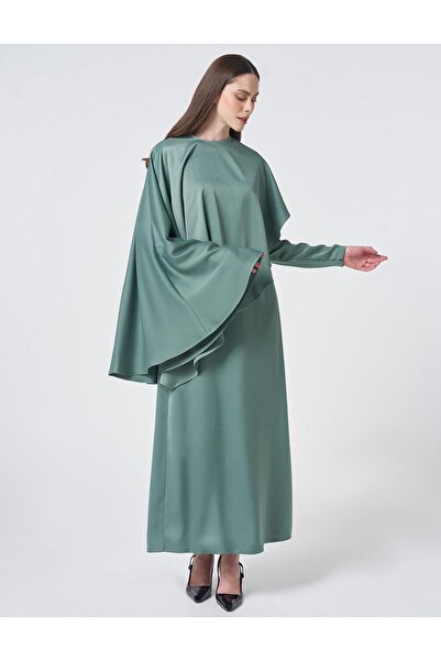 Kayra Cape Detailed Satin Dress in Moss Green