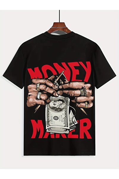 1001 Line تي شيرت رجالي بطباعة 'MONEY MAKER' - قميص أسود عصري يعرض رسومات كرت...