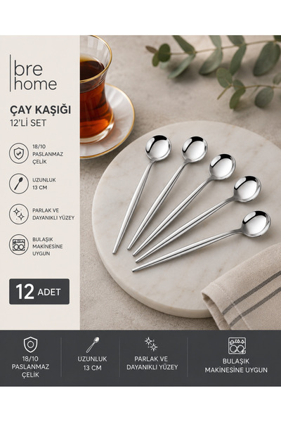 BRE HOME 12'li Çay Kaşığı Seti 13 cm 18/10 Paslanmaz Çelik Parlak Çelik Çay K...