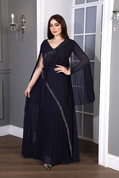 ٌRominz fashion فستان سهره انيق ناعم فخم بتطريز وأكمام شيفون مكسر طويلة