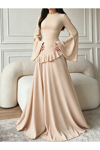 Take Two By Styli Beige Ruffle Detail Bell Sleeves Maxi Dress