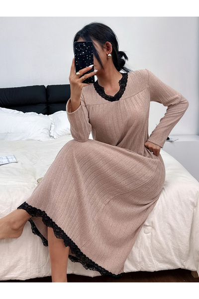Take Two By Styli Beige Textured Lace Trim Nightdress