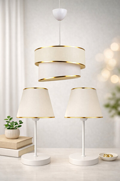 Eslight Modern 3'lü Rüzgar Aydınlatma Seti - Krem Kumaş Sarkıt Avize ve 2'li ...