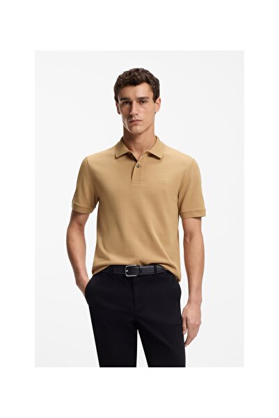 BOSS Erkek Normal Kalıp Logo İşlemeli Kısa Kollu Bej Polo Yaka T-Shirt