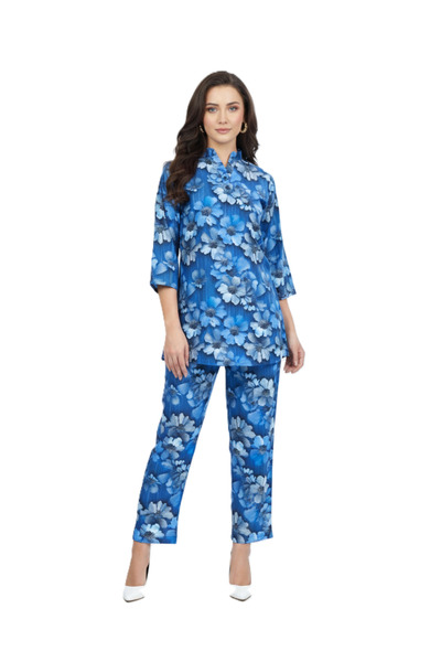 RIZQE Blue Floral Print Kurti & Pant Co-ord Set | Modest Elegant Wear