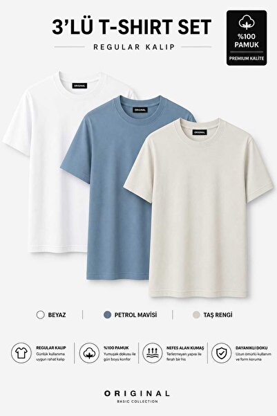 TRYK T-Shirt Basic 3-Piece Set Stone Color White Petrol Blue Regular Fit Cott...