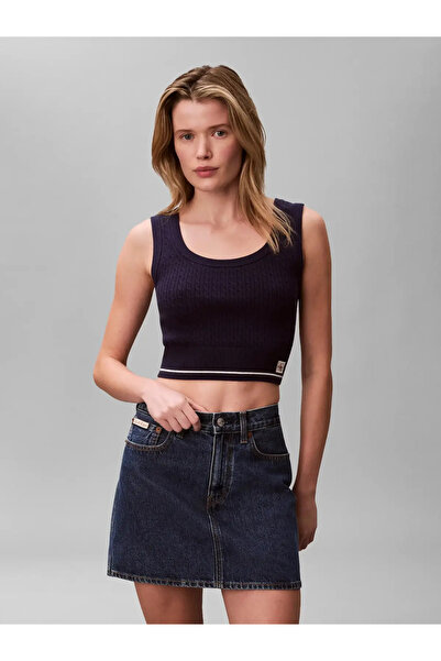 Calvin Klein SL WOVEN LABEL CABLE Lacivert Kolsuz Bluz