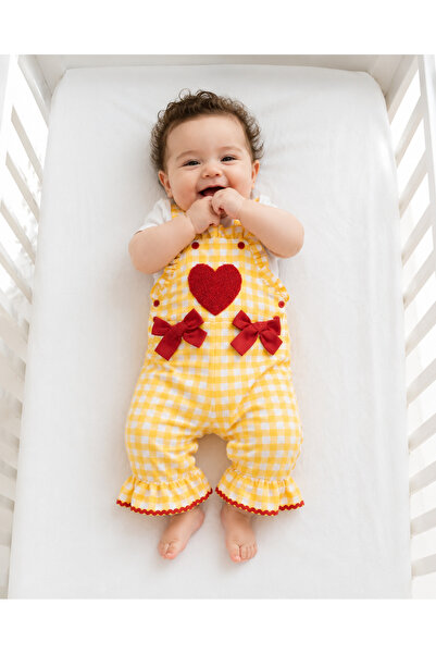 Mert Baby Süzene Heart Embroidered Gingham Fabric Salopet and T-Shirt 100% Co...
