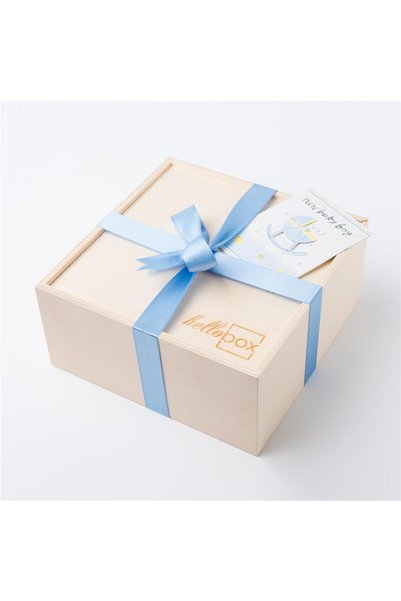 Hellobox Premium Baby Boy Newborn Gift - Amigurumi Toy & Memory Cubes Blue Baby Gift Set with Wooden Box
