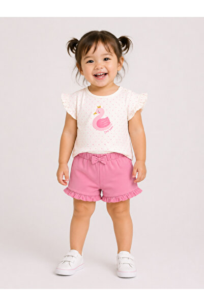 Victor and Jane Infant Girls’ 2-Piece Set – Swan Print Top & Ruffle Shorts