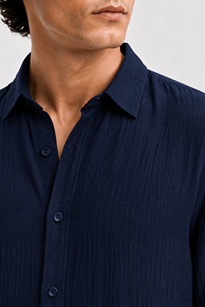Etikmen Navy Blue Regular Fit Muslin Shirt