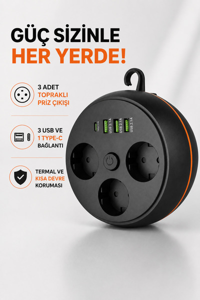 Coverzone Roller Type Surge Protected Socket 3 Outlets 3 USB 1 Type-C 4000W 1...