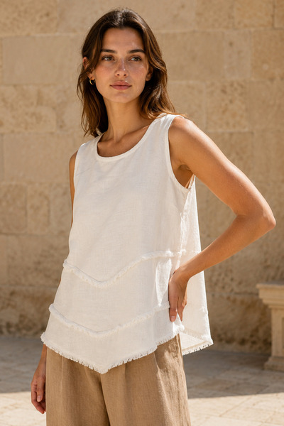 Ivoire Wear White Layered Tassel Detailed 100% Cotton Sleeveless Women's Blouse