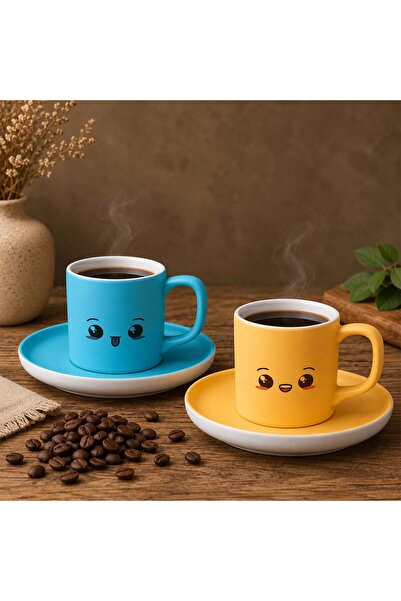 Bk Gift Set of 2 Ceramic Turkish Coffee Cups with Turquoise and Yellow Color ...