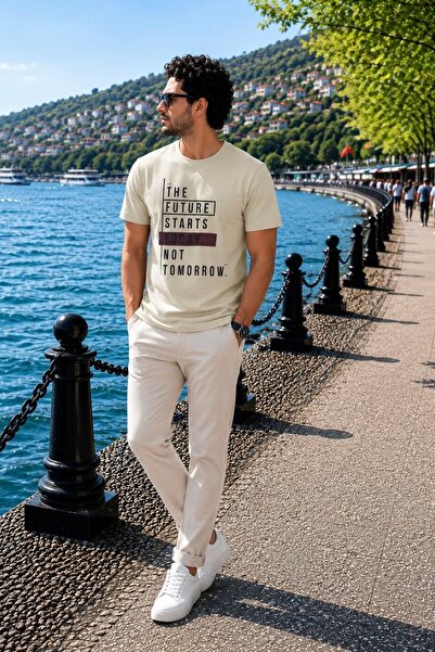Maccali Tricou pentru bărbați, bej, elastic, cu imprimeu The Future