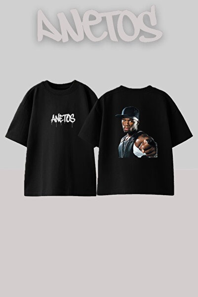 Anetos 50 Cent_78 Σχεδιαστικό εμπριμέ μπλουζάκι σε μεγάλο μέγεθος, μαύρο