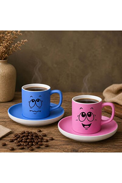 Bk Gift Set of 2 Blue and Pink Color Emoji Face Design Ceramic Turkish Coffee...