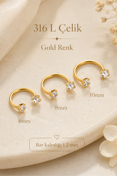 moonzy - minimalist & cozy 1.2 mm Kalın Bar Tektaşlı Halka Piercing 316L Çeli...