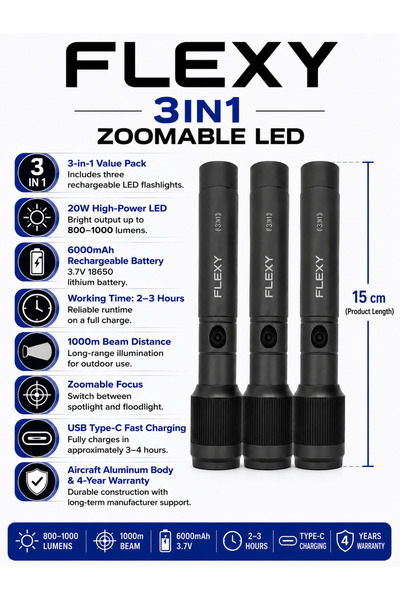 flexy Ranger R3 - 3-in-1 Rechargeable Zoomable LED Flashlight Set, 6000mAh Ba...