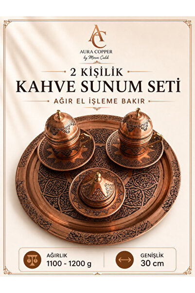 AURA COPPER 2 Kişilik Bakır Kahve Sunum Seti El İşlemeli Tepsili Türk Kahvesi...