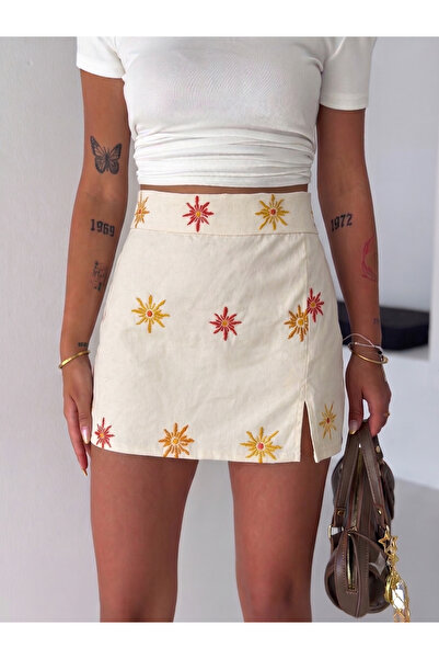 SLAW REZZ Women's Cream Ethnic Embroidered Linen Zipper Mini Shorts Skirt Sli...