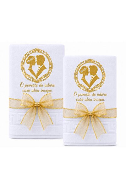 Ingift Set 2 Prosoape Brodate fir auriu, pentru Nunta, 100% Bumbac, 70 x 140 ...
