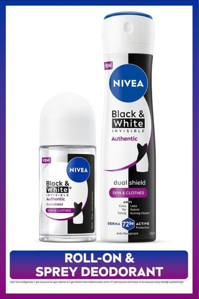 NIVEA Kadın Sprey Deodorant Black&White Authentic 150ml ve Roll-on 50ml, Terl...