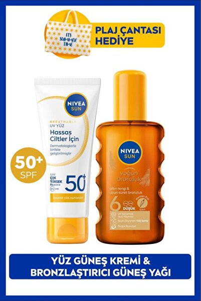 NIVEA SUN SPF50+ Güneş Koruyucu Yüz Kremi 40ml ve Bronzlaştırıcı Güneş Yağı 2...
