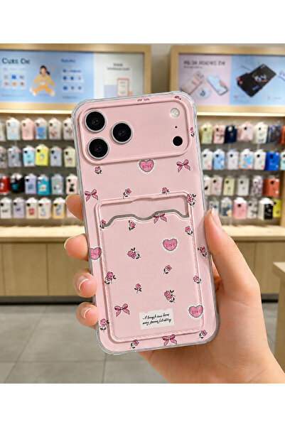 OVADA İphone 17 Pro Max Uyumlu Kamera Korumalı Kartlıklı Kalp Çiçek Desenli T...