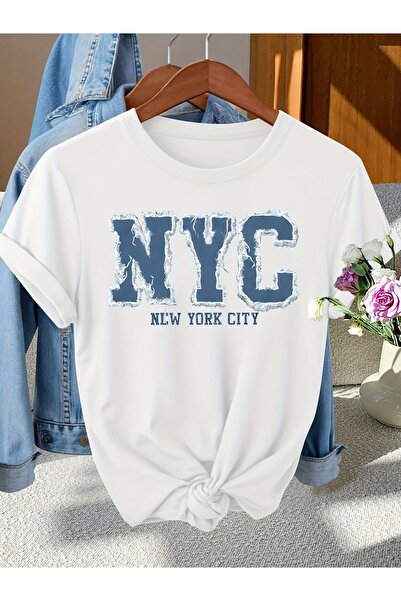 STITCHLY تي شيرت بتصميم NYC عتيق من وو، قماش ناعم ومرن غير شفاف، طباعة خطوط م...
