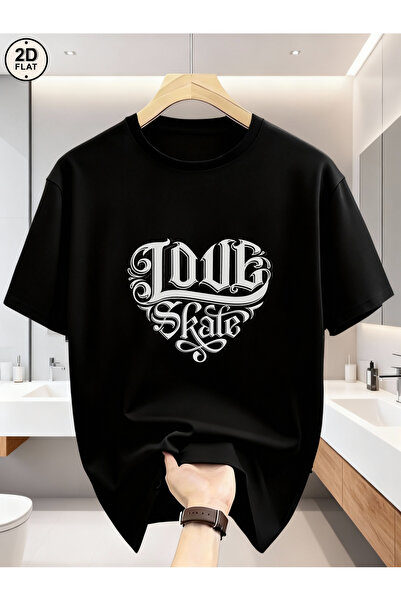 23 nisan تي شيرت أسود بطباعة جرافيك Love Skate، ملابس كاجوال للشارع للرجال وا...
