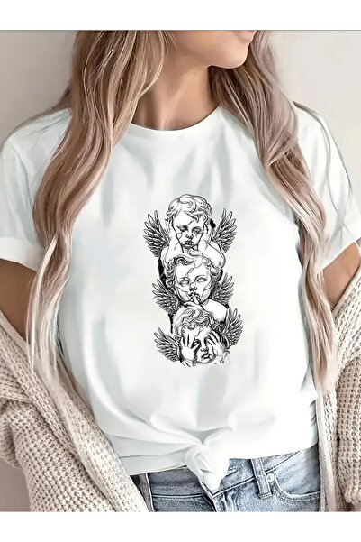 2mcup Women's Black cotton Short Sleeve T-Shirt with Angel Graphic Print, Lig...