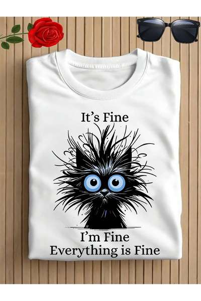 BASEPULSE تي شيرت نسائي فضفاض بتصميم قطة كرتونية وطباعة شعار "It's Fine I'm F...