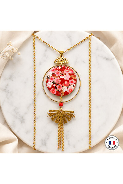 SUNKRIS Colier SAKURA ROUGE – Handmade din Rășină și Oțel Inoxidabil Auriu