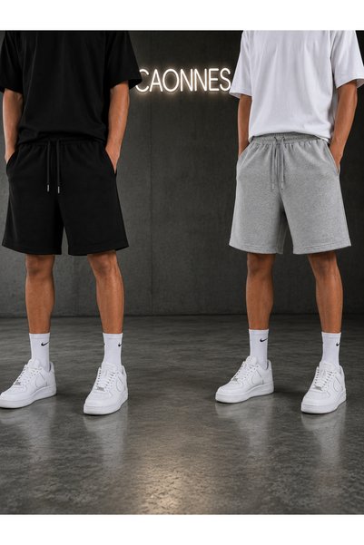 CAONNES 2-Piece Shorts for Men (Black-Grey) Summer Wide Fit Oversize Washable...