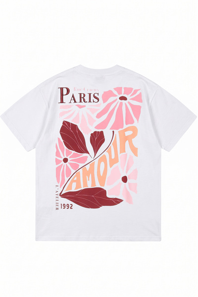 DASH WEAR Paris & Amour Printed White Oversize Crew Neck T-Shirt
