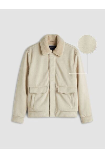 LC Waikiki Southblue Beige Standard Fit Fur Collar Men's Suede Coat