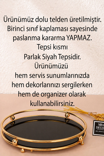 mba decor metal bending art Misket Gold-Siyah Tepsi Organizer Kahve Yanı Servis Sunumluk Hediyelik Dekorasyon Organizer Parlak Siyah