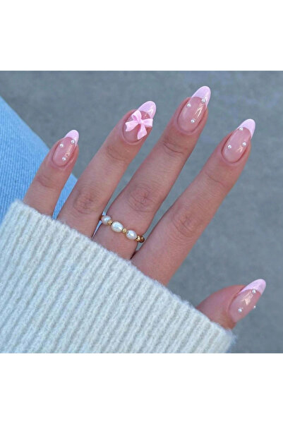 Choice Orange 24pcs Long Almond Fake nails，pink French Bows and pearls on nai...