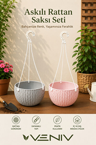 VENİV 2’li 2 Litre Alt Tabaklı Askılı Rattan Saksı Seti | Dekoratif ve Şık Ta...