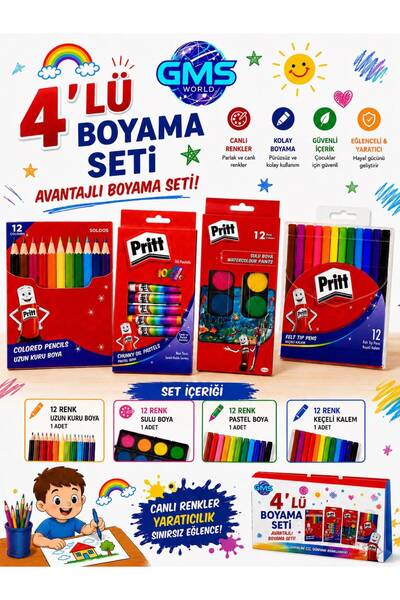 Pritt 4 LÜ AVANTAJLI BOYA SETİ - 12 RENK KURU/SULU/PASTEL/KEÇELİ KALEM SETİ