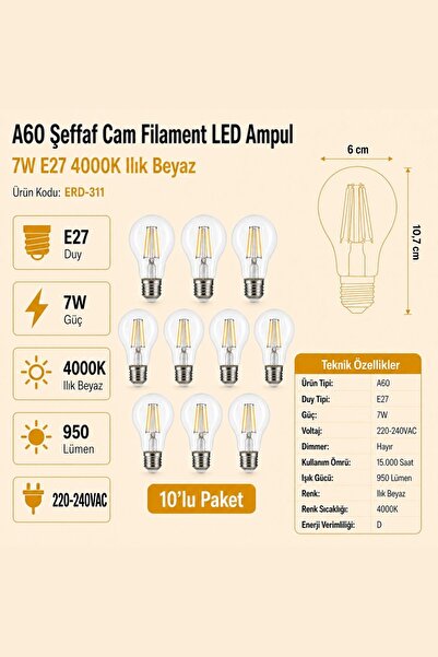 Heka A60 Şeffaf Cam Filament LED Ampul 7W E27 4000K Ilık Beyaz ERD-311 10'lu