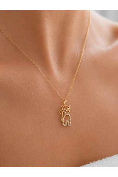 sara silver 925 Ayar Kedi Figürlü Taşlı Gümüş Kadın Kolye