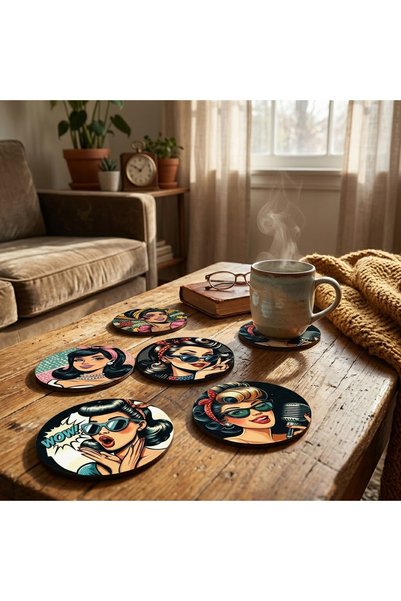 samsunlazer Retro & Pop Art Patterned Coasters Set of 6 - 9 cm Uv Printed Wooden Mdf Decorative Coasters