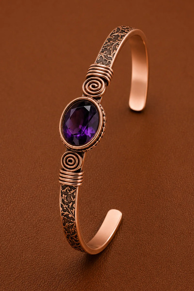 OSMANLI GÜMÜŞ Women's Copper Bracelet with Amethyst Natural Stone, Oval Patte...