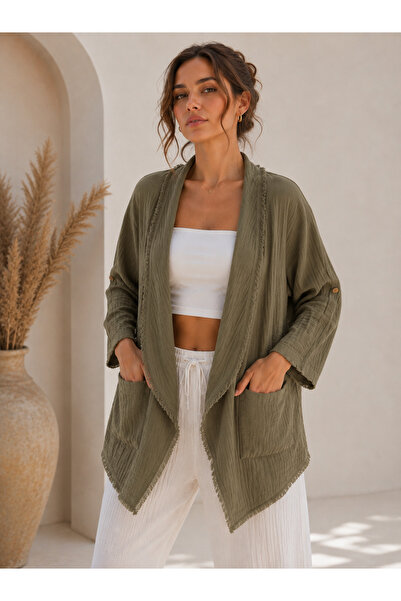 cesita Women's 100% Cotton Khaki Fringed Foldable Sleeve Summer Muslin Jacket...