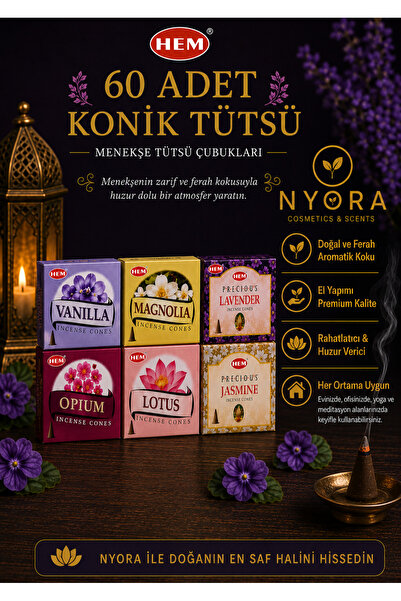 Hem Marka 60 Adet Konik Tütsü Vanilya Manolya Lavanta Opium Lotus Yasemin Kok...