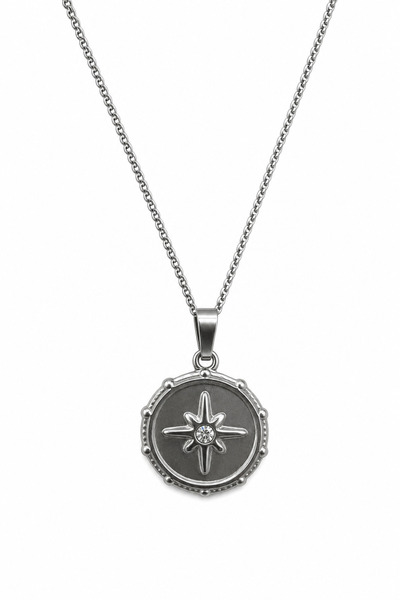 Jack Ferrero Steel Gray Compass Star Motif Stylish Necklace with Single Stone...