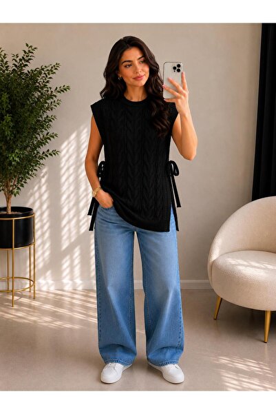 HİRA LİFE FASHİON Women's Crew Neck Open-Side Lace-Up Oversize Knit Sweater